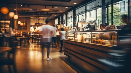 Fototapeta premium Blurred customers walking fast showing their movement in a coffee shop, cafe or restaurant, Blurred restaurant background with some people and chefs and waiters working.
