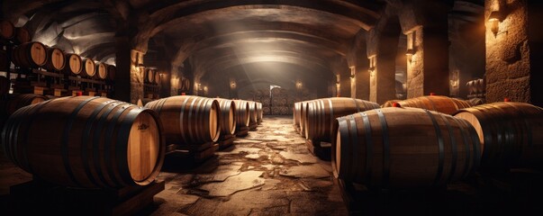 Modern luxury underground interior of old cellar with wine wooden barrels, panorama. Generative Ai.