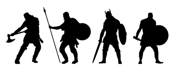Set of silhouettes of viking warriors - vector illustration