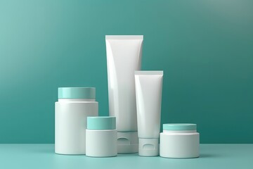 Unbranded Cosmetic Cream Jars And Tubes Arranged On Turquoise Background