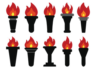 Set of medieval torch with burning fire, torches icon different shapes with burned fire flame elements, vector illustration
