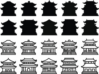 Set of traditional Chinese buildings, houses and pagoda, Chinese architecture in black and white, outline, vector illustration isolated