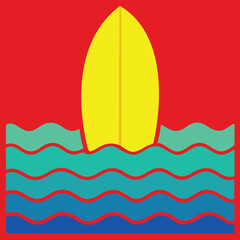 Surf board on a wave, red sunset, flat cartoon vector illustration