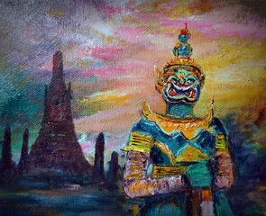  Original  oil painting   giant guardians  Grand Palace  Wat phra keaw  bangkok Thailand