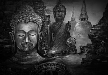 Original   art painting  oil  color White and black Buddha statue thailand
