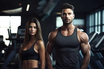 Crédence de cuisine en verre imprimé Fitness gym with various equipment with man and woman on background