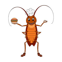 Vector cartoon cockroach with a hamburger in a plate, wearing a chef's hat on a white background. Children's coloring book. Doodle style.