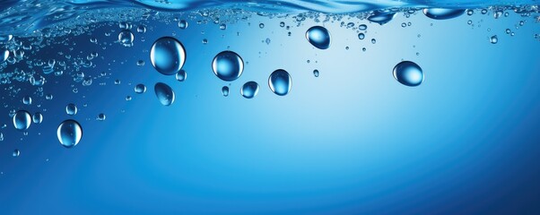 Macro water drops in blue clear drinking water, panorama banner. Generative Ai.