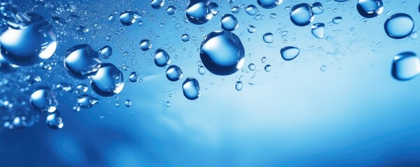 Macro water drops in blue clear drinking water, panorama banner. Generative Ai.