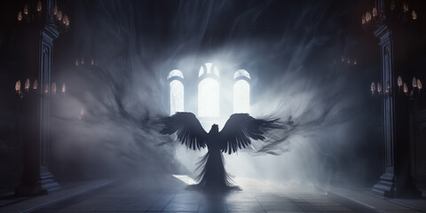 Dark angel in the dark and foggy church. - obrazy, fototapety, plakaty