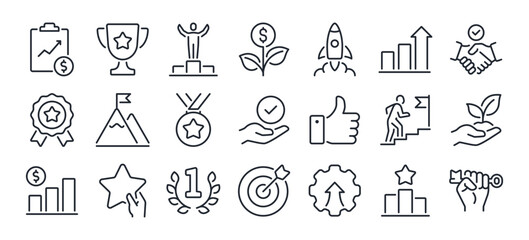 Success, award, growth, win, thumbs up, key editable stroke outline icons set isolated on white background flat vector illustration. Pixel perfect. 64 x 64. - obrazy, fototapety, plakaty