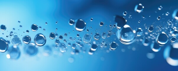 Macro water drops in blue clear drinking water, panorama banner. Generative Ai.