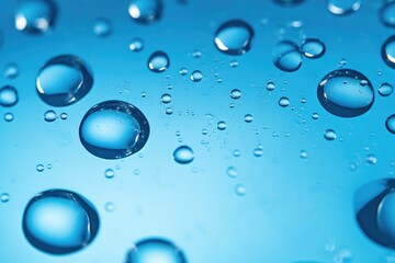 Macro water drops in blue clear drinking water. Generative Ai.