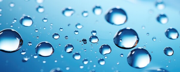 Macro water drops in blue clear drinking water, panorama banner. Generative Ai.