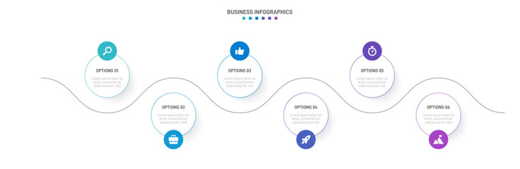 Timeline infographic with infochart. Modern presentation template with 6 spets for business process. Website template on white background for concept modern design. Horizontal layout.