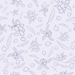 Seamless vector pattern for gift paper with sea buckthorn berries on a branch on a light background