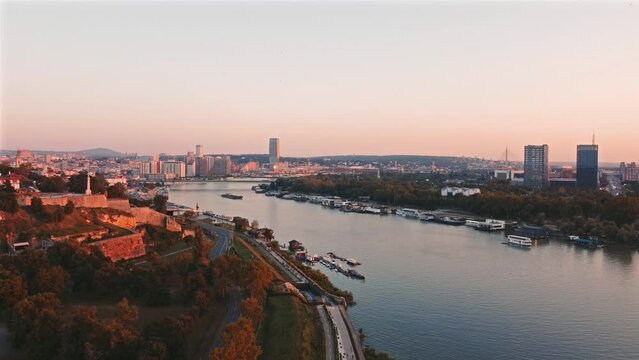 Aerial view of Belgrade rivers and cityscape, Serbia.