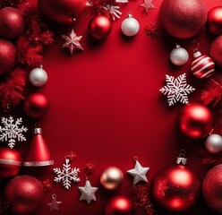 An empty space surrounded by Christmas decorations on a red background