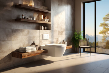 Fototapeta na wymiar Interior of modern bathroom with white tiled walls, tiled floor, comfortable bathtub and panoramic window. 3d rendering. ia generated