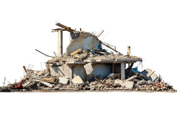Wrecked Building Panorama with Concrete Debris and Huge Beam - obrazy, fototapety, plakaty