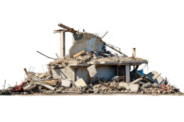 Wrecked Building Panorama with Concrete Debris and Huge Beam