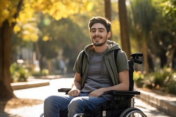 The breath of wind in an autumn park inspires me. Smiling young Caucasian man in a wheelchair enjoying the autumnal city park. He is looking at camera and smiling.