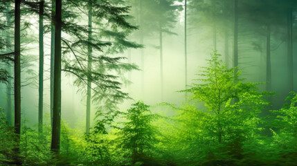 Obraz premium Blurred fog forest background of dawn pierce secluding forest, as misty light unveils towering pines and vibrant undergrowth. Environment backdrop in green colors