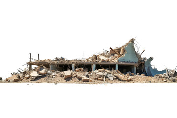 Wrecked Building Panorama with Concrete Debris and Huge Beam