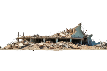 Wrecked Building Panorama with Concrete Debris and Huge Beam