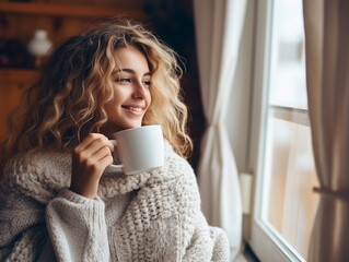 Portrait of young woman enjoying a cup of tea at home in winter. female warm wearing spectacles and sweater in an autumn day.