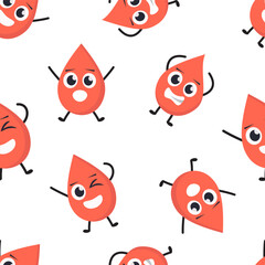 cute blood drop pattern. liquid transfusion donation symbol, healthy red bloody type cartoon characters, blood donor. vector cartoon flat minimalistic trendy characters seamless pattern.