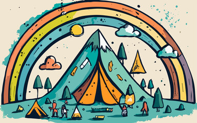 camping in the mountains with big rainbow, pastel style color design