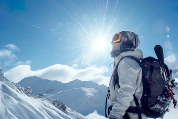 Fototapeta na wymiar Woman mountaineer on a snowy mountain background