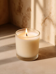 Minimalist burning wax candle in clear glass on natural beige stone background with copy space, styled commercial product mockup