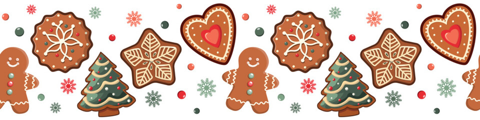 Christmas gingerbread cookies seamless horizontal border. Christmas holiday bakery. Vector winter season pattern. Cute Christmas and New Year illustration