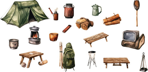 Set of watercolor camping equipment illustrations on white background.