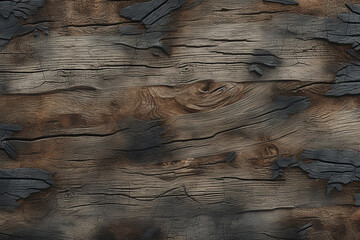 texture of old dark, burnt cracked wood with knots, generative AI