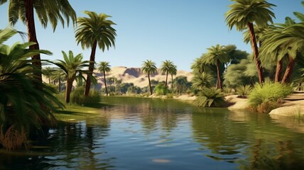 Fototapeta na wymiar Artificial lake garden with palm trees photography image Ai generated art