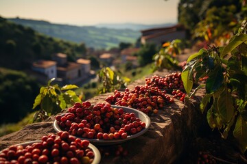 A lush coffee plantation, embodying a peaceful, warm, and sunny atmosphere. Wooden bowls filled with red unprocessed coffee beans. Generative Ai - obrazy, fototapety, plakaty