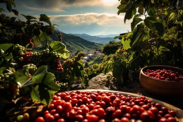 A lush coffee plantation, embodying a peaceful, warm, and sunny atmosphere. Wooden bowls filled with red unprocessed coffee beans. Generative Ai - obrazy, fototapety, plakaty