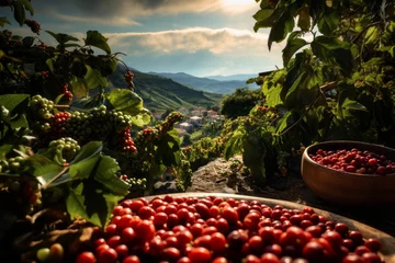 Foto op Canvas A lush coffee plantation, embodying a peaceful, warm, and sunny atmosphere. Wooden bowls filled with red unprocessed coffee beans. Generative Ai © bluebeat76