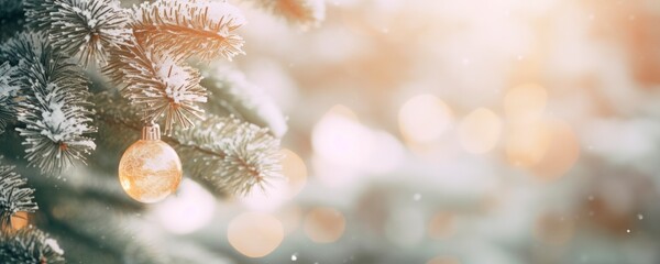 Obraz na płótnie Canvas Branch of green happy Christmas tree on background of falling snow and new year's lights. bokeh, winter, Horizontal background / banner for celebrations and invitation cards, copy space for text