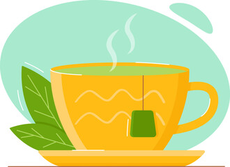 Cup of green tea with leaves on a white background. Vector illustration