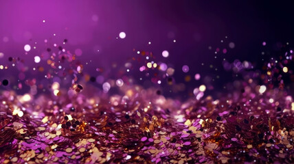 Abstract violet and gold shiny Christmas background with glitter and confetti. Holiday bright...