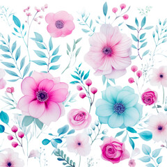 Romantic Pink Teal Watercolor Chic Floral Pattern. Generative AI