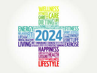 2024 health and sport goals cross word cloud, concept background - obrazy, fototapety, plakaty