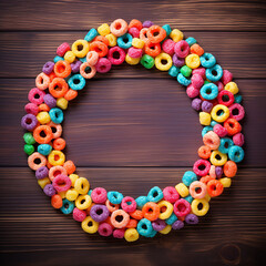 Circle of colored fruit cereal rings on a wooden background, top view