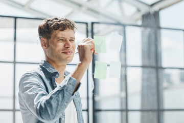 Businessman, sticky notes and work schedule for project planning