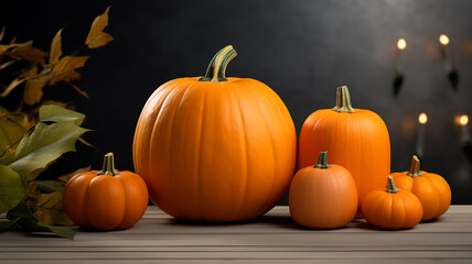 Several pumpkins of different shapes on a wooden table against a black wall