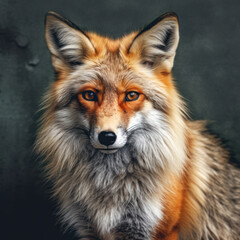 Fototapeta premium A orange furry fox with green eyes on the background 